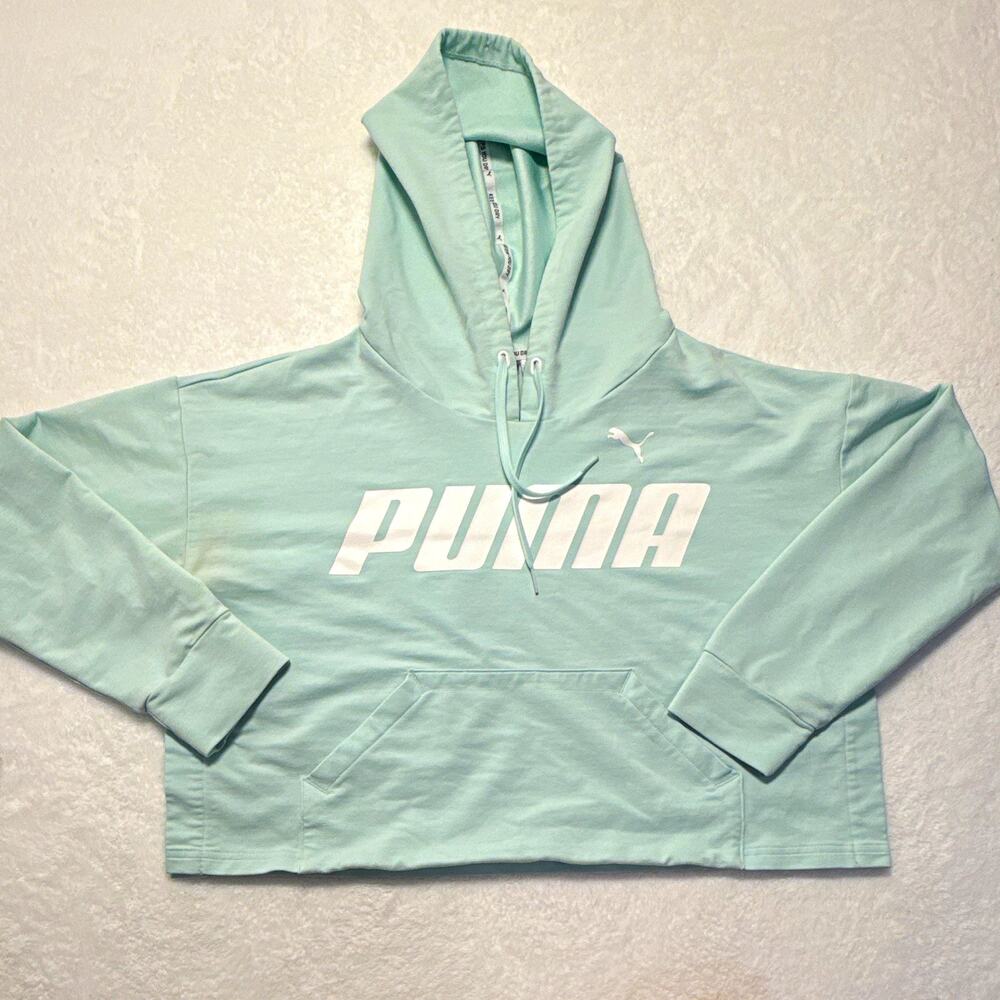 PUMA dryCELL Women’s S Green Logo Fleece Pullover Hoodie w/ Pockets